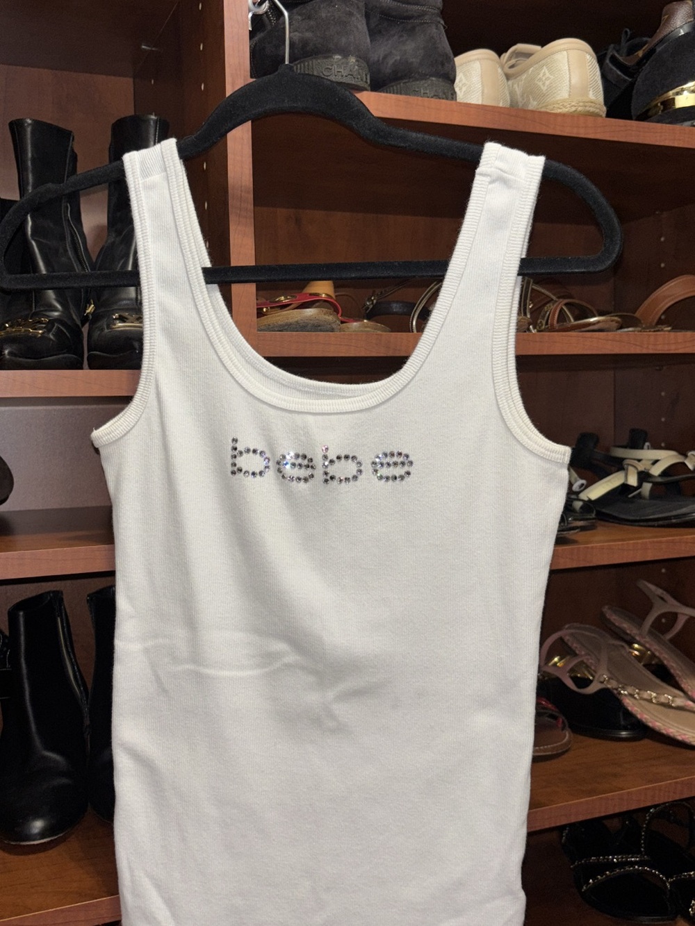 bebe White Rhinestone Logo Ribbed Tank